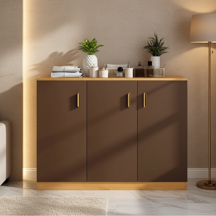 A modern three-door cabinet in a warm brown finish with light wood trim and gold handles, styled in a minimalist room with a floor lamp, plants, and decorative items.