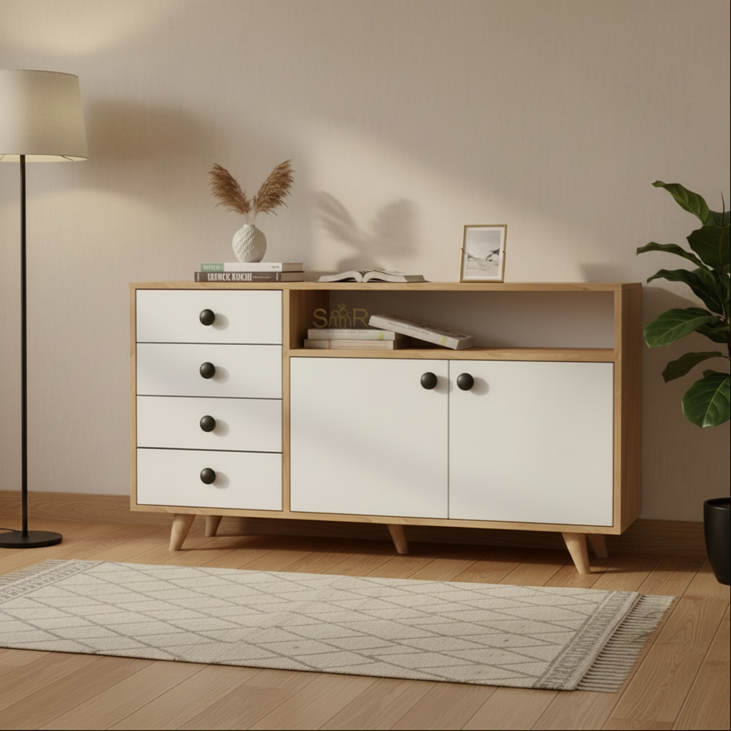 Wooden dresser with white drawers and doors on a wooden floor.