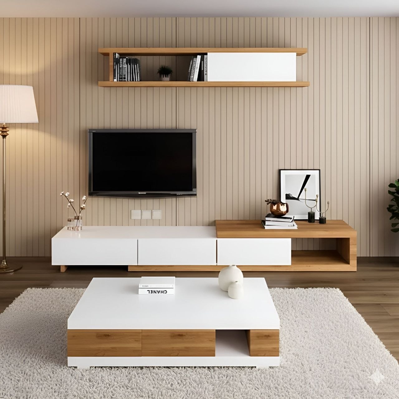 Living Room Set White & Wooden - 200 x 40 x 40 cm - TVCT16