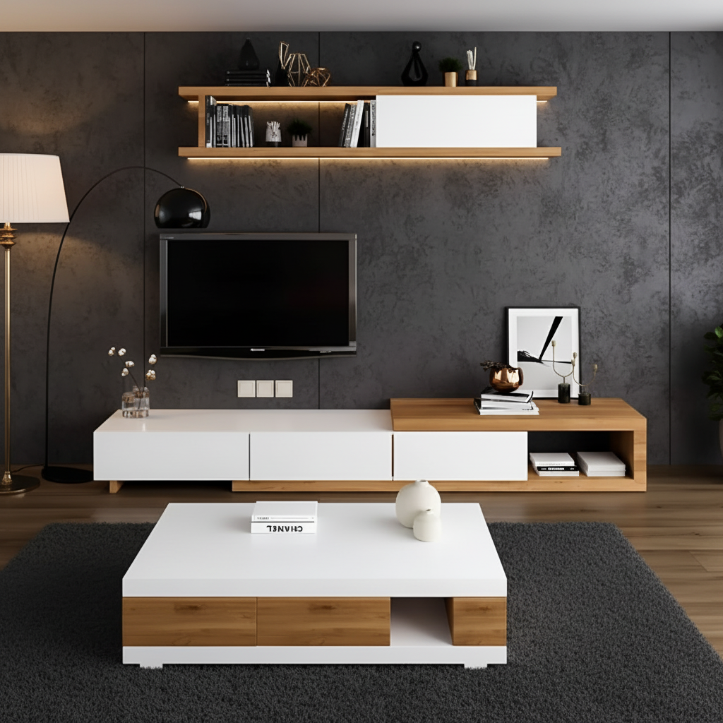 Living Room Set White & Wooden - 200 x 40 x 40 cm - TVCT16