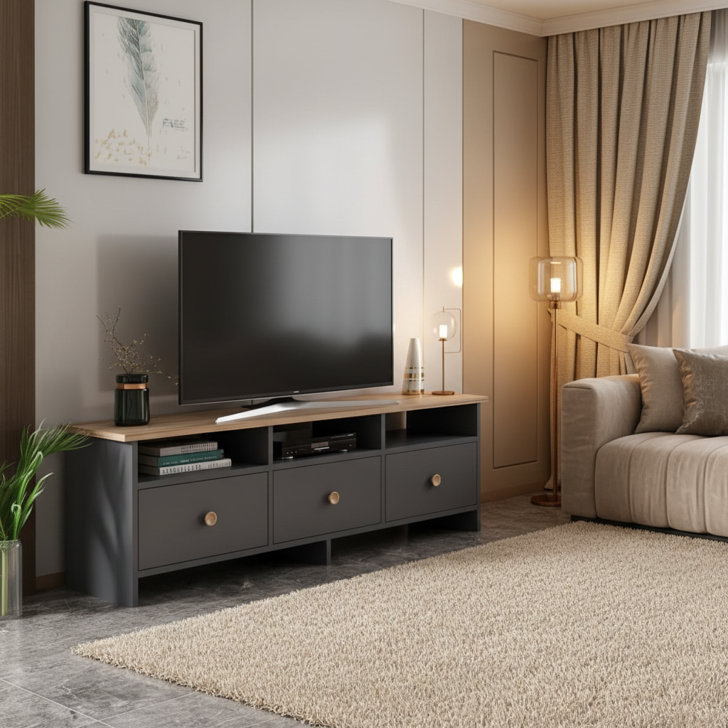 Tv Unit Wooden & Grey - 140 x 40 x 30 cm - TVUO17