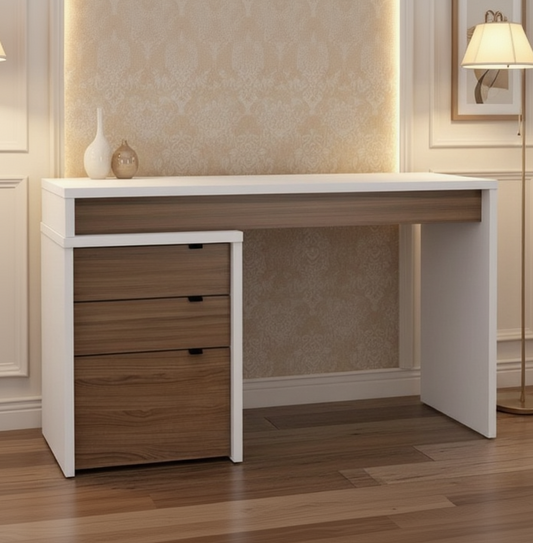 White and wood desk in a room with beige walls and a lamp.