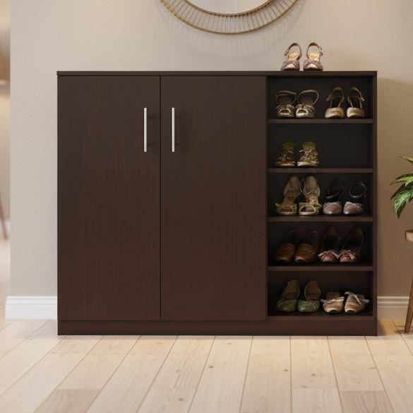 A dark brown wooden shoe cabinet with two doors and five open shelves, shown filled with shoes in a bright room with light wood floors and a beige wall.