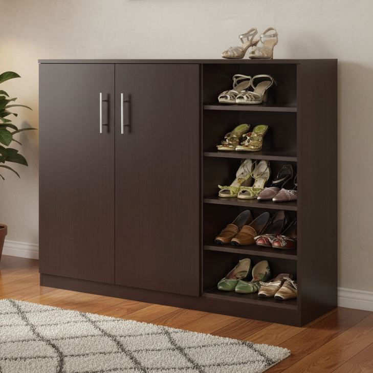Brown shoe cabinet with open doors displaying various shoes on a white background