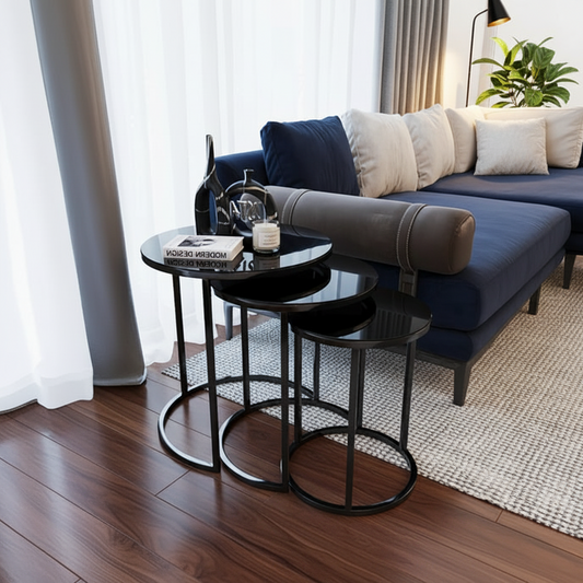 steel and glass center, side and nesting table black 3 pieces - CC14