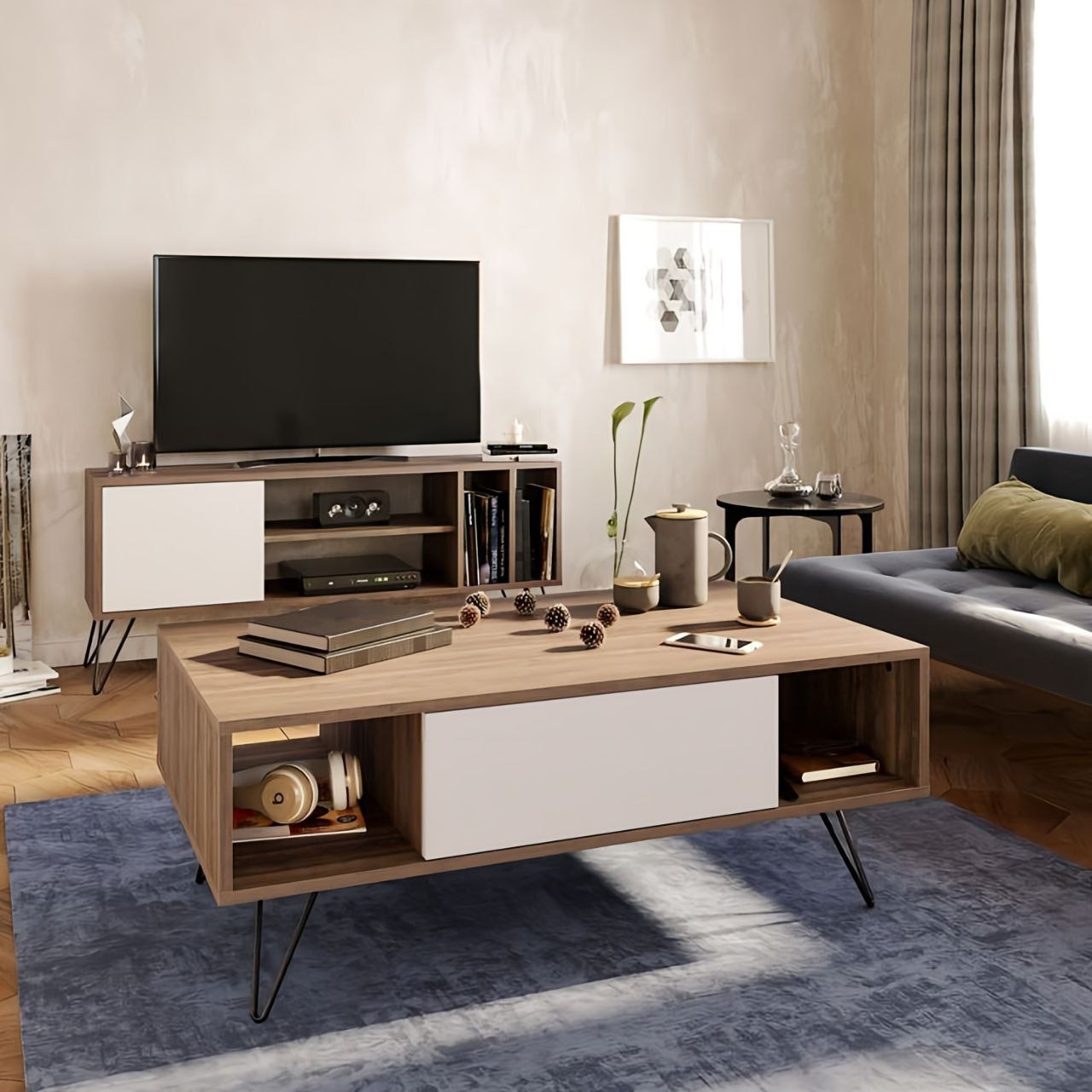 Living Room Set Wooden & White - 120 x 40 x 40 cm - TVCT22