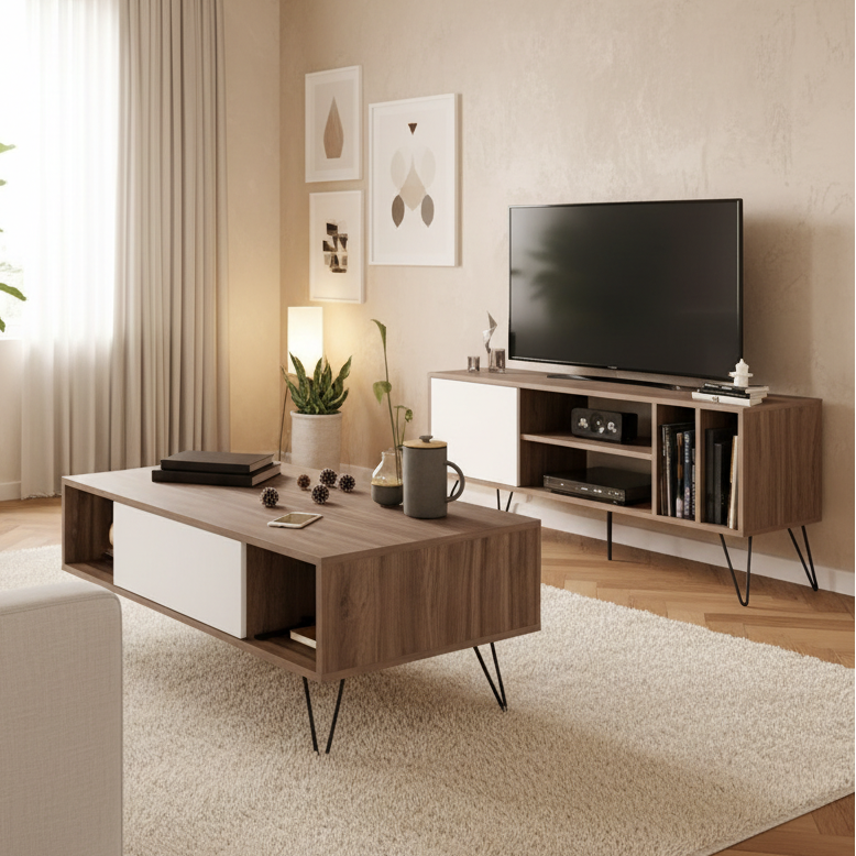 Living Room Set Wooden & White - 120 x 40 x 40 cm - TVCT22