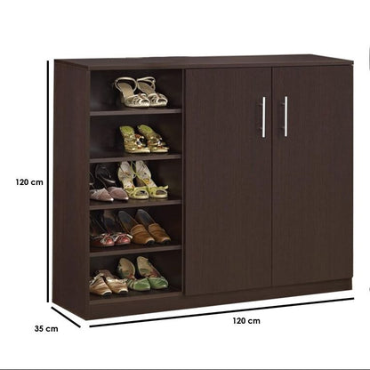 A dark brown wooden shoe cabinet with three open shelves on the left and two doors on the right, shown with dimension labels (35 cm width, 120 cm height, 120 cm depth) and a black silhouette of a person standing 180 cm tall for scale, on a white background.