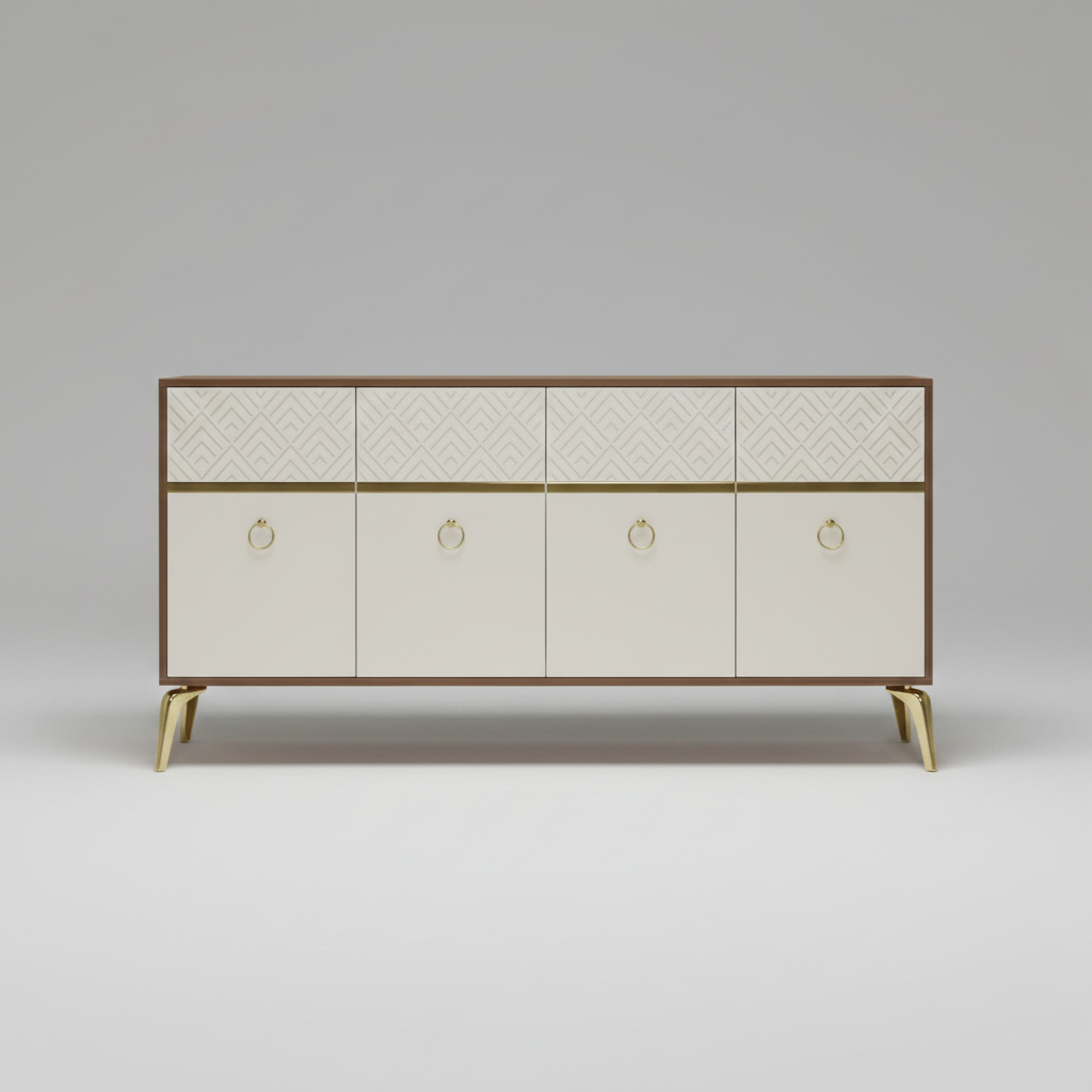 A mid-century modern sideboard cabinet with a dark wood top and frame, cream-colored front panels with geometric patterns and gold-tone ring pulls, and gold-tone legs, styled in a room setting against a dark blue wall.