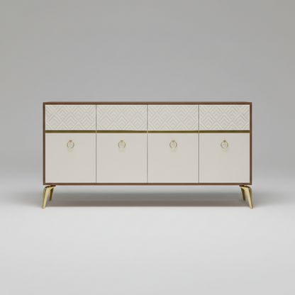 A mid-century modern sideboard cabinet with a dark wood top and frame, cream-colored front panels with geometric patterns and gold-tone ring pulls, and gold-tone legs, styled in a room setting against a dark blue wall.