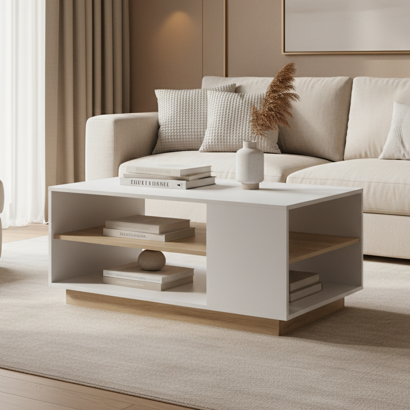 A modern low-profile TV stand or coffee table with a white high-gloss finish and light oak wood shelves and base, shown on a plain white background.