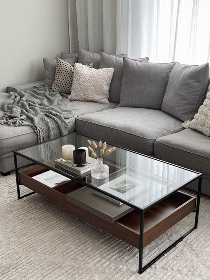 طاولة قهوة من الفولاذ وMDF والزجاج الشفاف 100×60×45 - AA11
