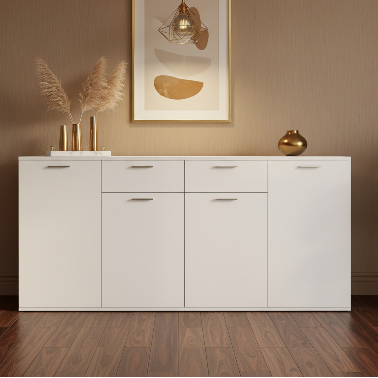 White sideboard in a room with minimal decor