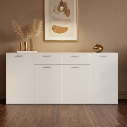 White sideboard in a room with minimal decor