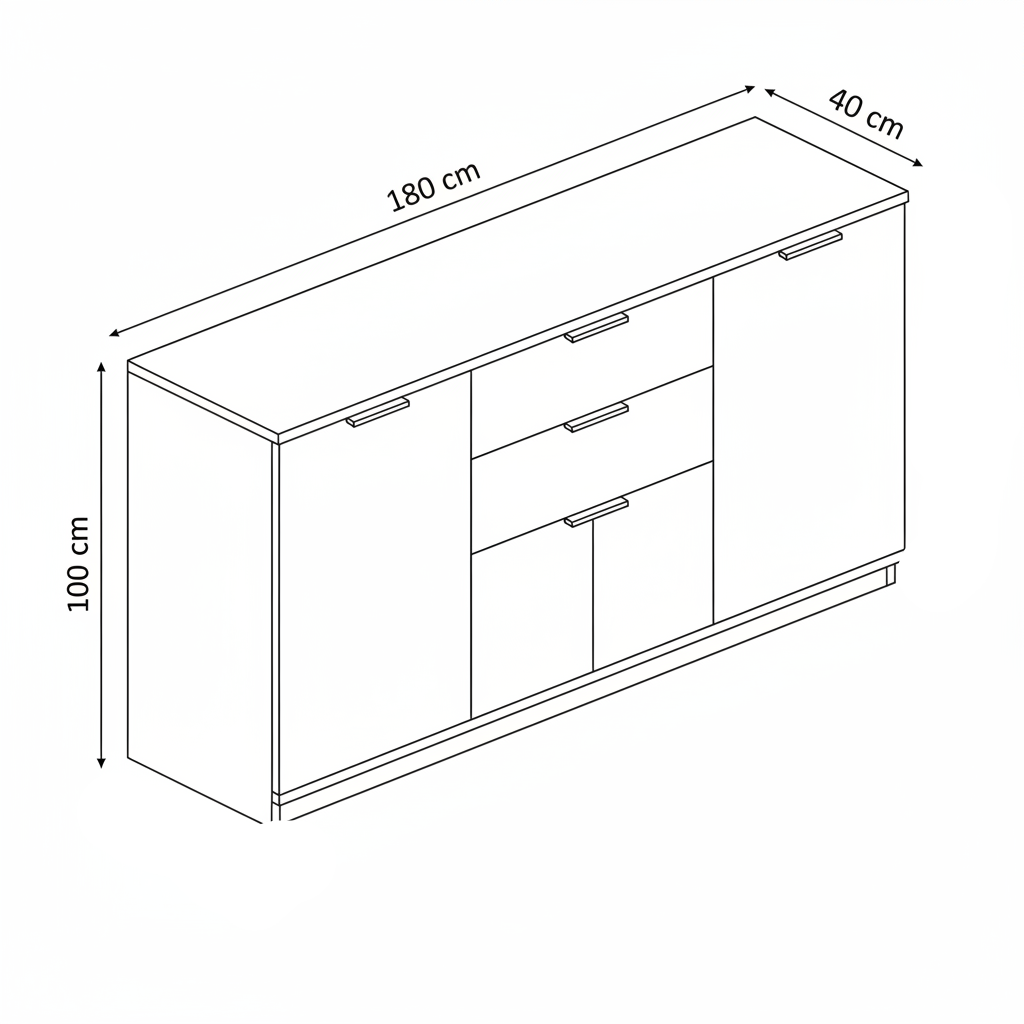 Black and white line drawing of a sideboard cabinet with dimension annotations showing 180 cm length, 40 cm depth, and 100 cm height.