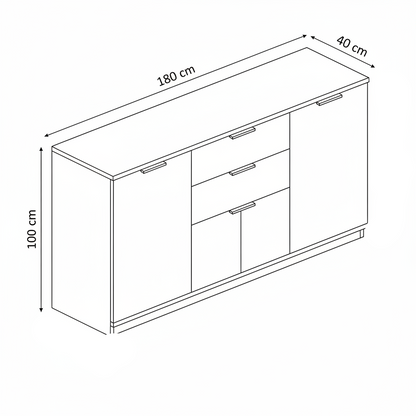 Black and white line drawing of a sideboard cabinet with dimension annotations showing 180 cm length, 40 cm depth, and 100 cm height.