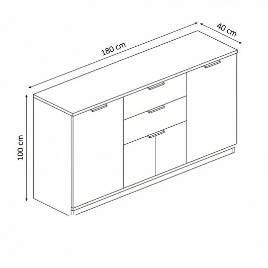 Black and white line drawing of a sideboard cabinet with dimension annotations showing 180 cm length, 40 cm depth, and 100 cm height.