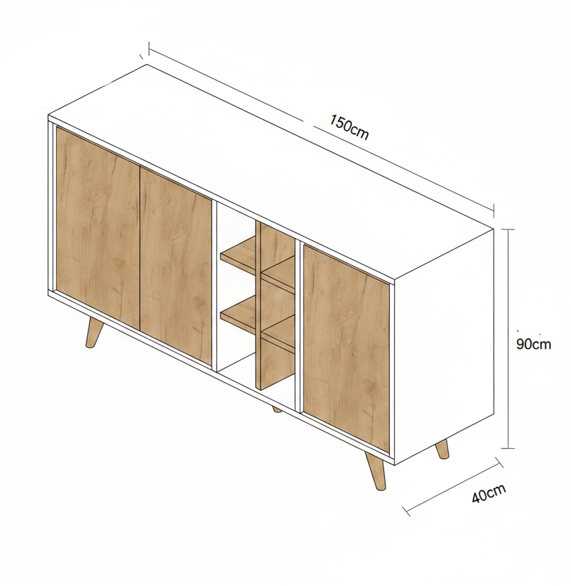 Wooden sideboard with white base against a textured wall.