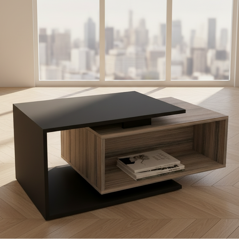 Modern two-tone coffee table in a living room setting, featuring a black top and frame with a light wood grain lower cabinet. The table is styled with a glass vase of dried flowers, a small glass decanter, and glasses on a tray, with a beige sofa and a potted plant in the background.
