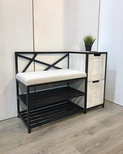 Steel and Mdf shoe bench black and white with 2 shelves 100x50x90 - SR20