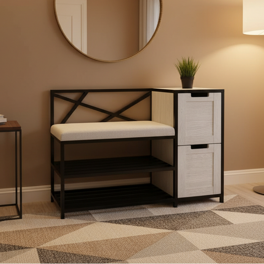 Steel and Mdf shoe bench black and white with 2 shelves 100x50x90 - SR20