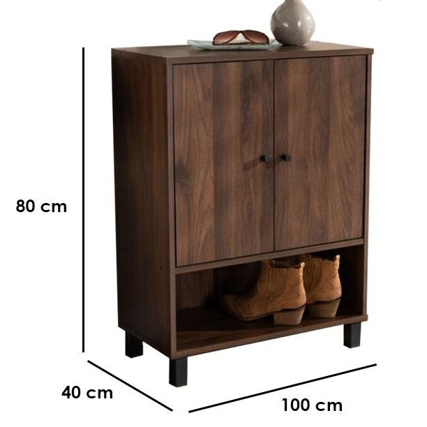 A dark brown wooden entryway cabinet shown with dimension labels (80 cm height, 40 cm width, 100 cm depth) alongside a black silhouette of a person labeled 180 cm, on a plain white background.