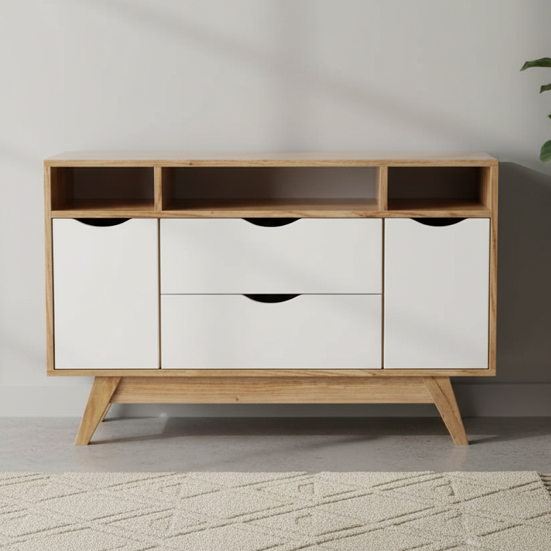 Wooden shoe cabinet with open doors, shelves, and drawers on a white background