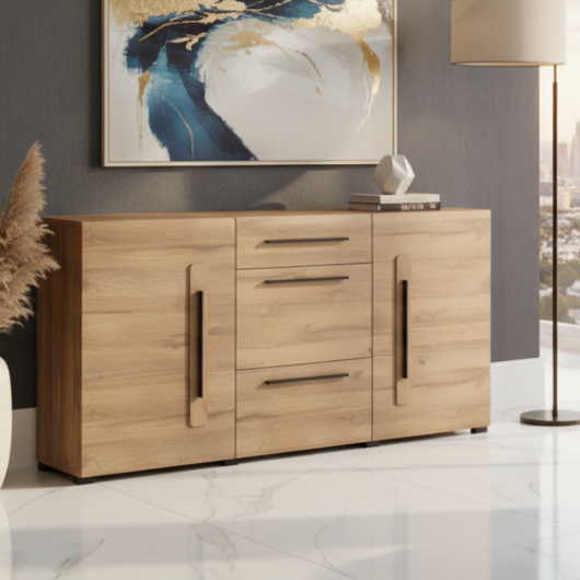 A modern wooden sideboard cabinet with a light oak finish, featuring three drawers in the center and two doors on the sides with dark metal handles, set against a dark gray wall with a framed abstract painting and a vase of pampas grass.