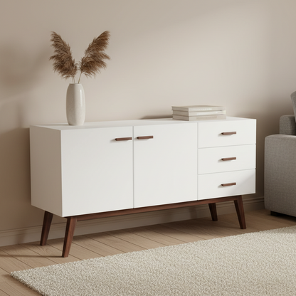 White sideboard with wooden legs and drawers on a white background