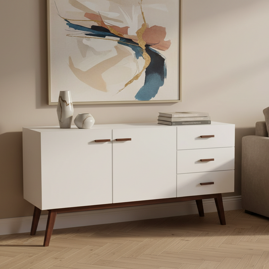 White sideboard with wooden legs and drawers on a white background