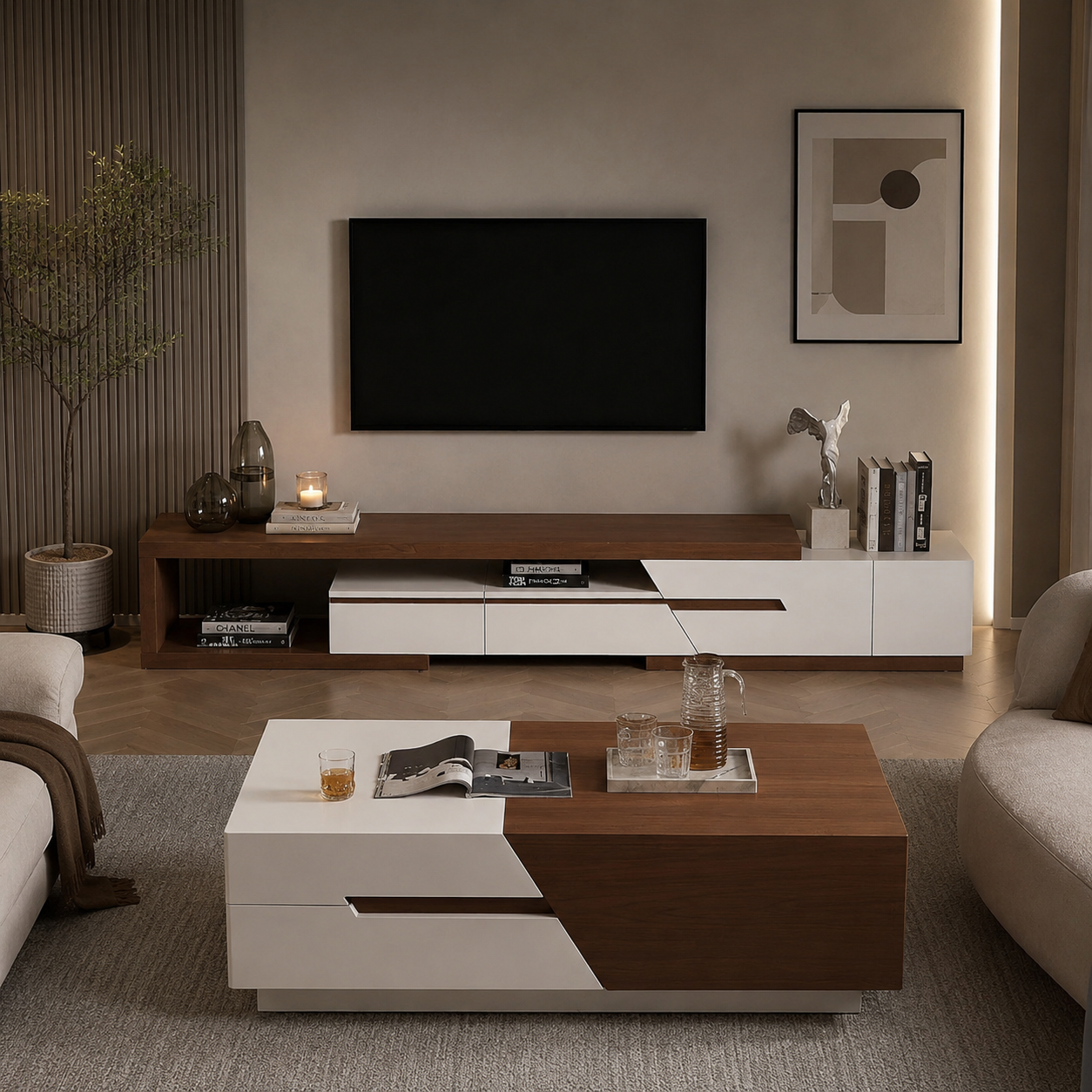 TV Unit and Coffee Table brown and White - TVCT3